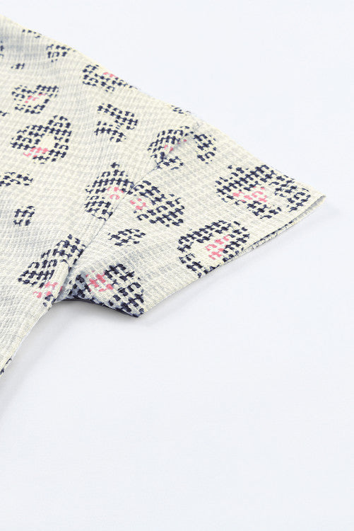 Beige Waffle Knit Pink Navy Leopard Print Tee