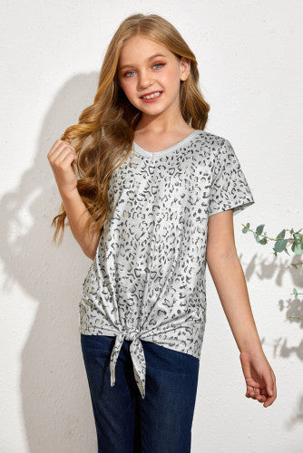 Girls Pastel Blue Leopard Print Tied Short Sleeve Tee