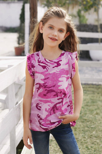 Girls Pink Camo Print Flounced Sleeveless Top