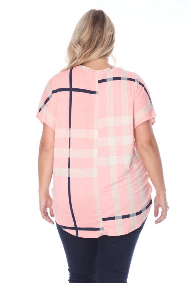Pink Plaid Tie Front Curvy Size Top