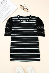 Black Tiered Lace Sleeve Striped Tee