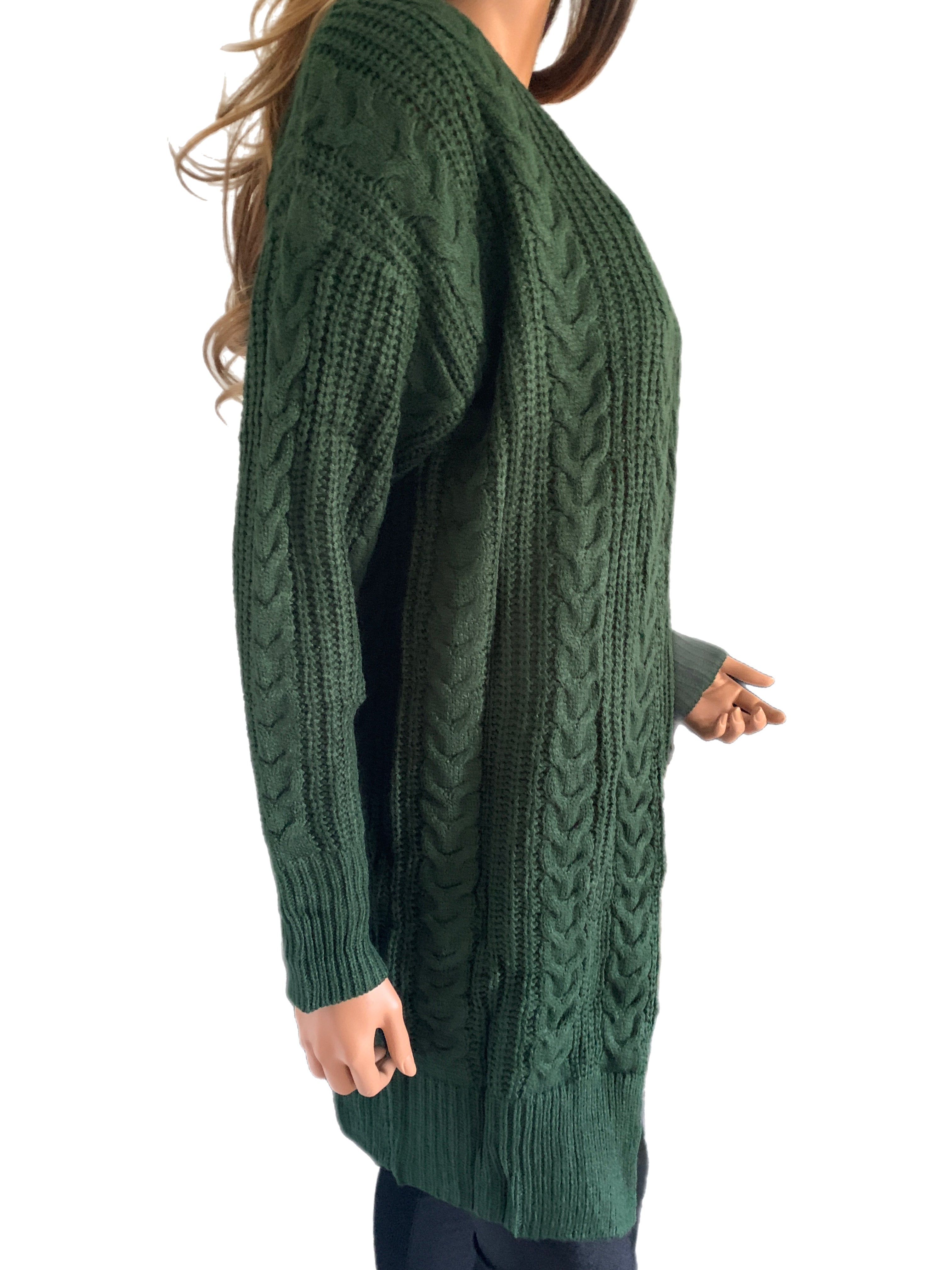 Dark Pine Cable Knit Open Front Cardigan Sweater