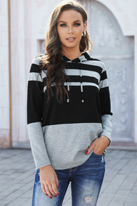 Gray and Black Striped Colorblock Lightweight Hoodie