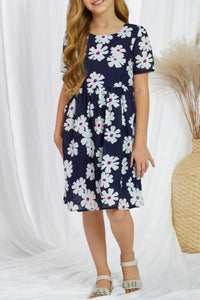 Girls Navy Blue Daisy Print Chiffon Dress with Pockets