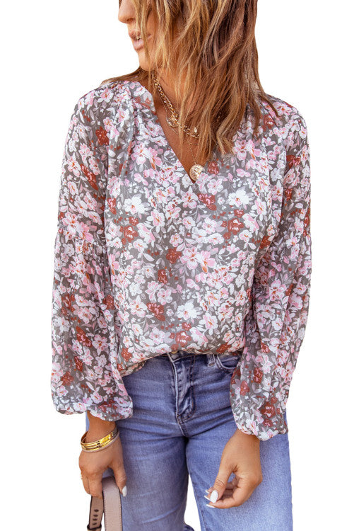 Rose Pink Floral Puff Sleeve Blouse