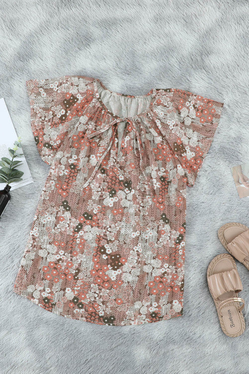 Khaki Floral Tie Front Flutter Sleeve Blouse