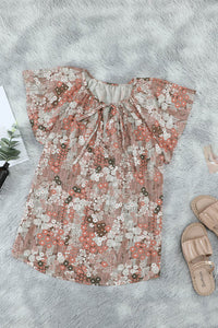 Khaki Floral Tie Front Flutter Sleeve Blouse