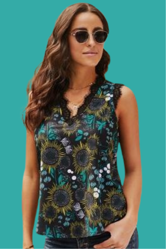 Black Teal Floral Silky Tank