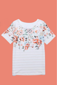 White Peach Spring Floral & Stripe Tee