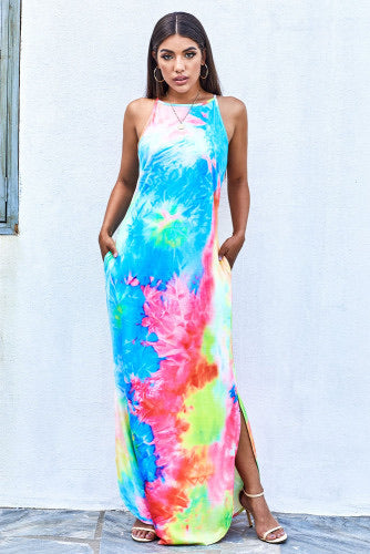 Shine in the crowd with this neon multicolor tie-dye maxi dress. The trendy tie-dye print is fashionable and beautiful. Has sleeveless high neck design, flattering fit and floor-length hemline with double side slits.