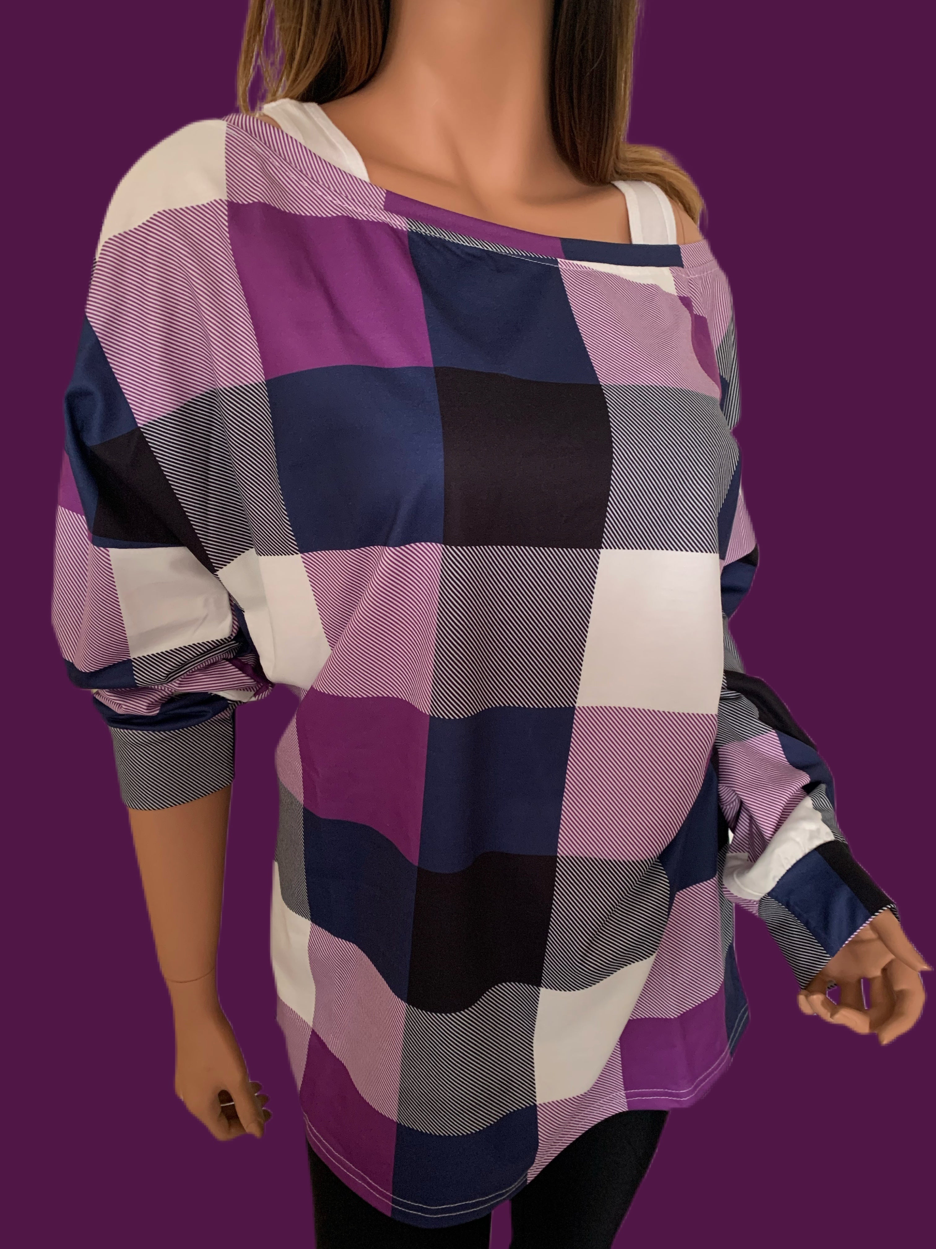 Purple Plaid Round Neck Long Sleeve Shirt