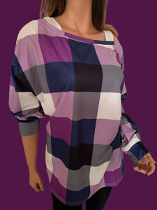 Purple Plaid Round Neck Long Sleeve Shirt