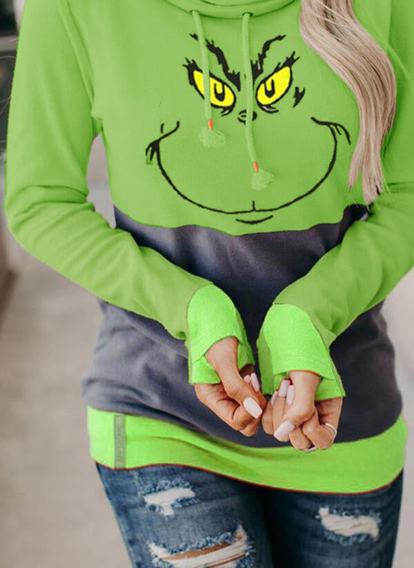Green Color-block Cowl Neck Hooded Sweatshirt