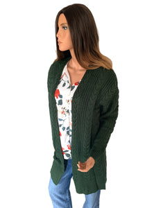 Dark Pine Cable Knit Open Front Cardigan Sweater