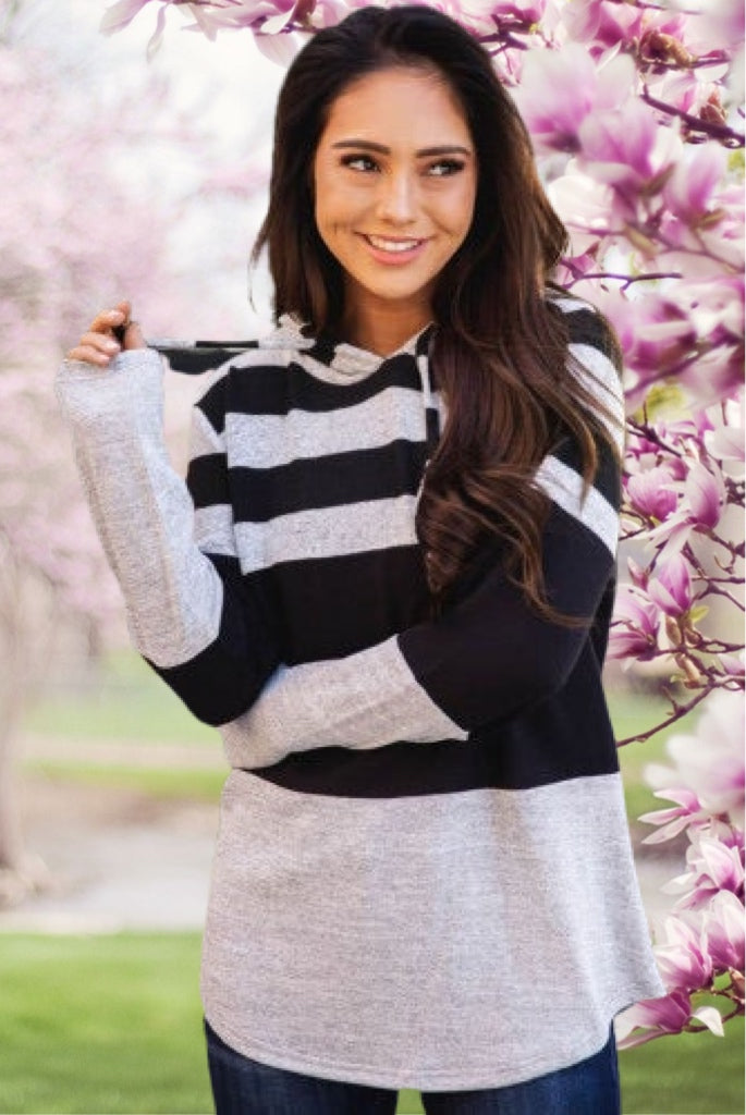 Gray and Black Striped Colorblock Lightweight Hoodie