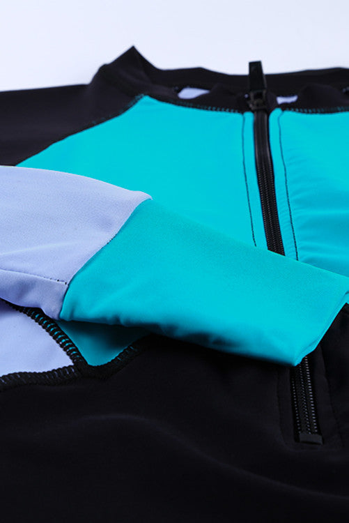 Teal Green Color Block Zip Up Rashguard Sports Top