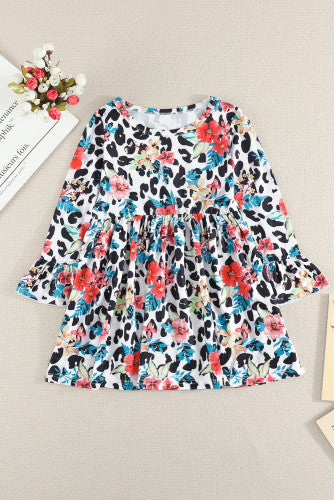 Girls Colorful Floral Leopard Print Ruffled Long Sleeve Dress