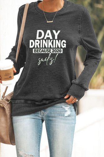 Charcoal “Day Drinking” Long Sleeve Cotton Knit Tee