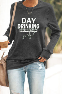 Charcoal “Day Drinking” Long Sleeve Cotton Knit Tee