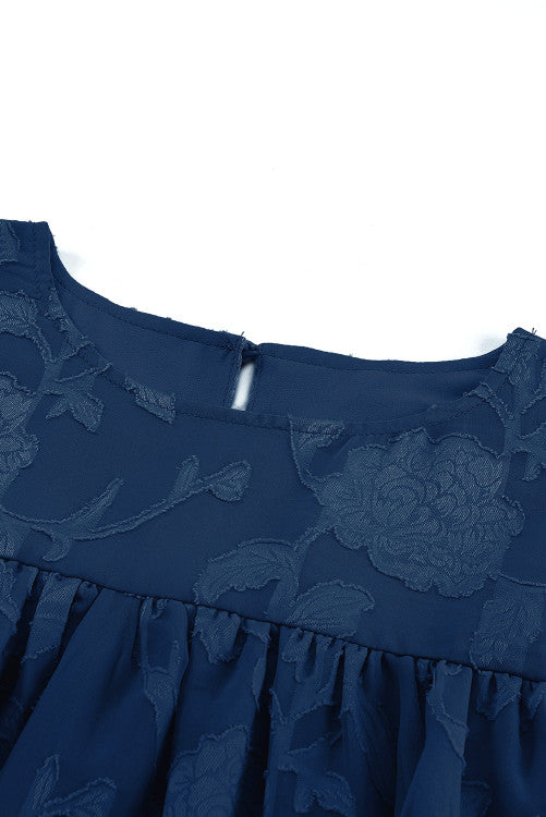 Navy Textured Floral Bell Sleeve Blouse
