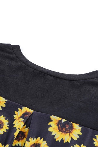 Black with Sunflowers V-Neck Color Block Knit Tee
