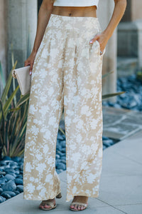 Tan Floral Silky Wide Leg Pants