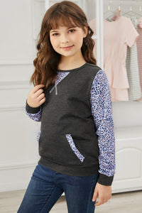 Girls Purple Leopard Print Raglan Sleeve Pullover w/Pockets