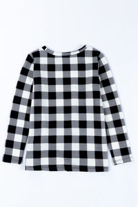 Girls Black and White Plaid Knotted Long-sleeve Top