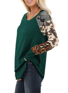 Green Multi Print Patchwork Long Sleeve Thermal Top