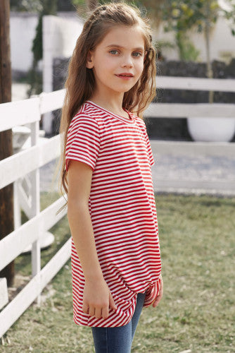 Girls Red Striped Short Sleeve Front Twist Tunic Top