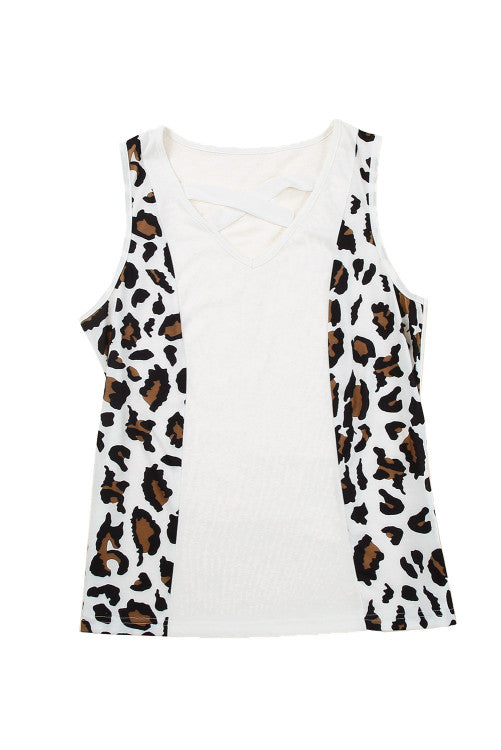 White Leopard Print Crisscross V-neck Tank