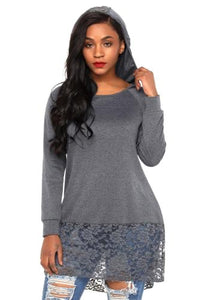 Cute Lace Trim Oversize Hoodie. Embroidered floral lace at the curved hem and hoodie makes this one of the prettiest pullovers we've seen. In tissue-weight jersey knit, with raglan sleeves in versatile color, it will be a best-loved this season.   Features   •Hooded shirt in casual oversize fit   •Delicate floral lace detailing the hood and hemline   •Made of soft quality jersey fabric, comfortable to wear  True to size/ roomy 