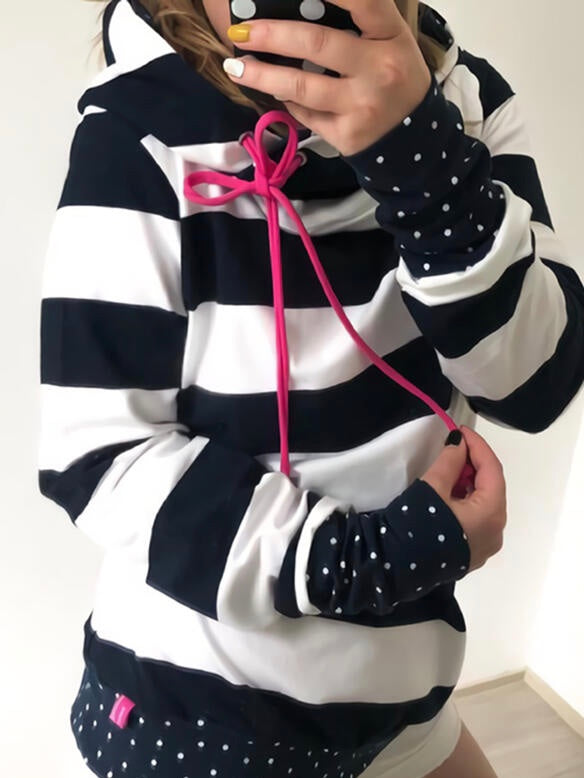White & Black Stripes w/Navy Polka Dots Lightweight Hoodie