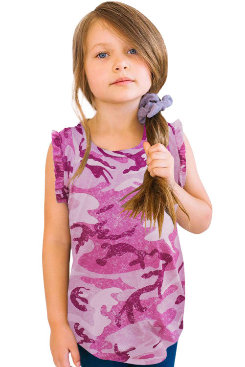 Girls Pink Camo Print Flounced Sleeveless Top