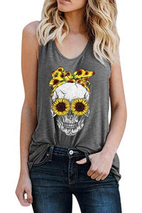 Gray Tank With Sunflowered Skull