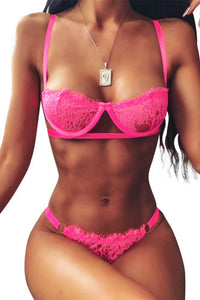 Neon Pink Lace Bra and Bikini Bottom Set