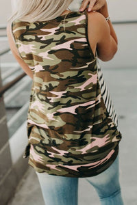 •Pink Camo/white/black stripe tank top  •Round neckline  •Relaxed fit  •Rounded hem  •Tunic length  •Pink Camo contrast trim and pocket   