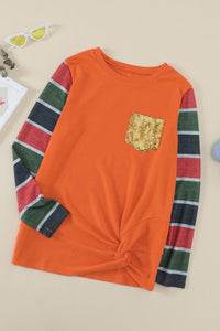ful Striped Gold Sequined Pocket Long Sleeve Top