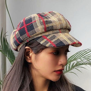 Brown, tan and red plaid tweed hat. Beautiful colors and so trendy. High quality hat. One size. 