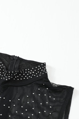Black Sheer Rhinestone Studded Sleeveless Bodysuit