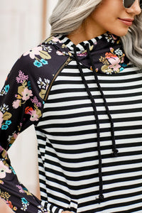 Black and White Striped Floral Print Double Hoodie