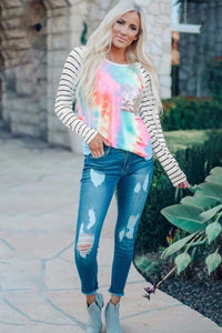 Pink & Aqua Tie-dye Print Sequin Pocket Long-sleeve Top