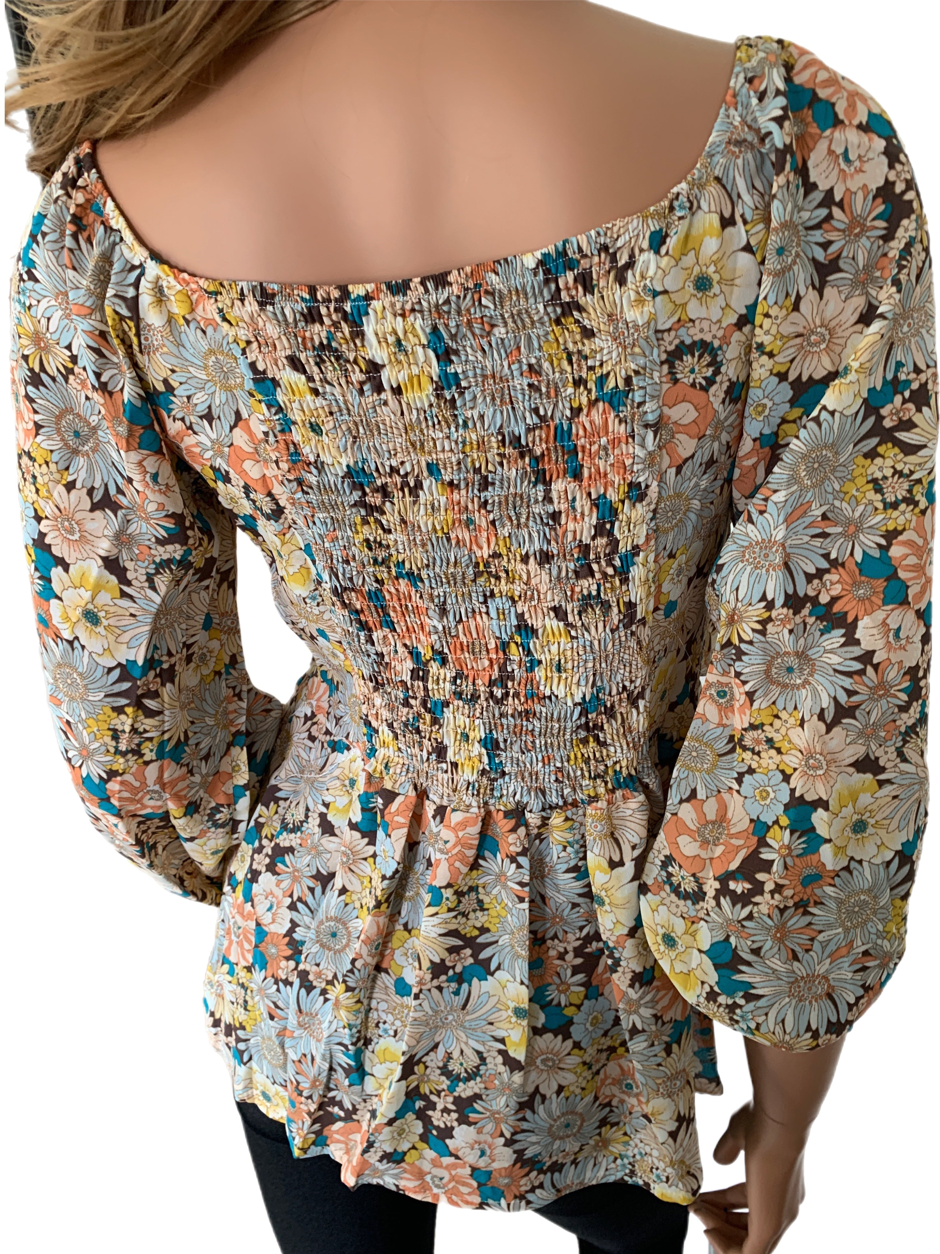 Colorful Fall Floral Crossover Front Tie Blouse