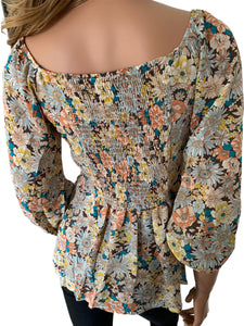 Colorful Fall Floral Crossover Front Tie Blouse