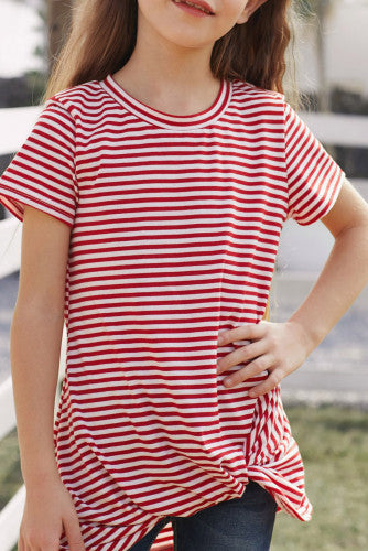 Girls Red Striped Short Sleeve Front Twist Tunic Top