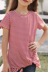 Girls Red Striped Short Sleeve Front Twist Tunic Top