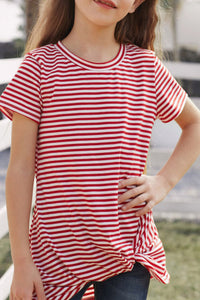 Girls Red Striped Short Sleeve Front Twist Top