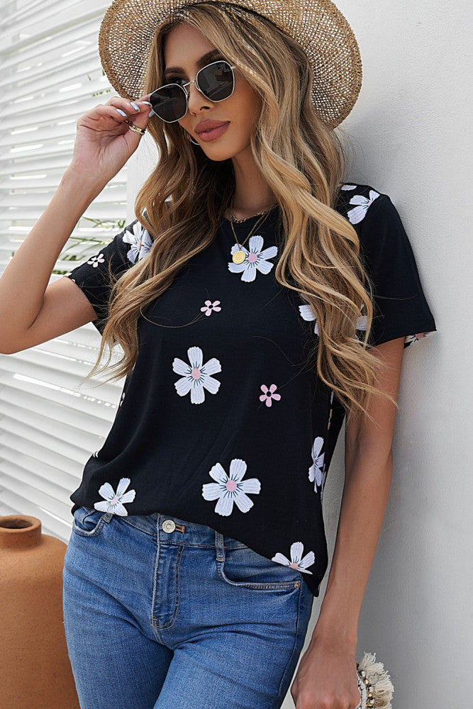 Black Daisy Print T-shirt