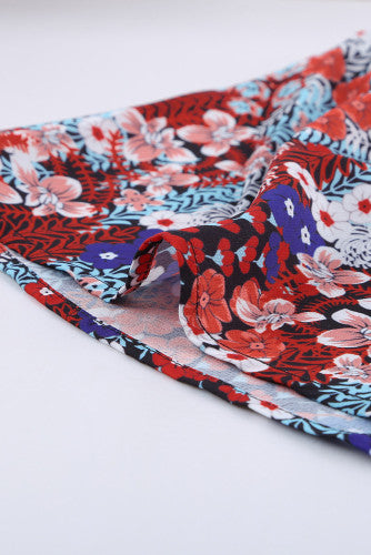 Blue and Red Floral Tie Front Short Sleeve Blouse