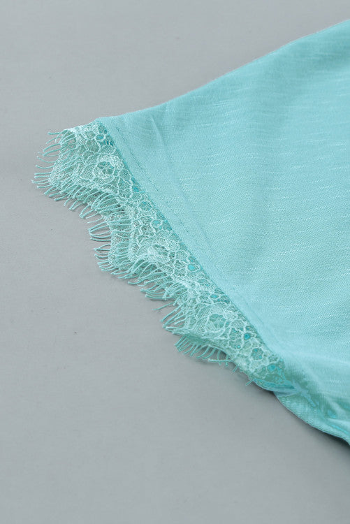 Mint Green Lace Trim V-Neck Cap Sleeve Tee